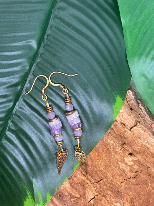 Boucles d'oreilles Lépidolite & Ailes Dorées