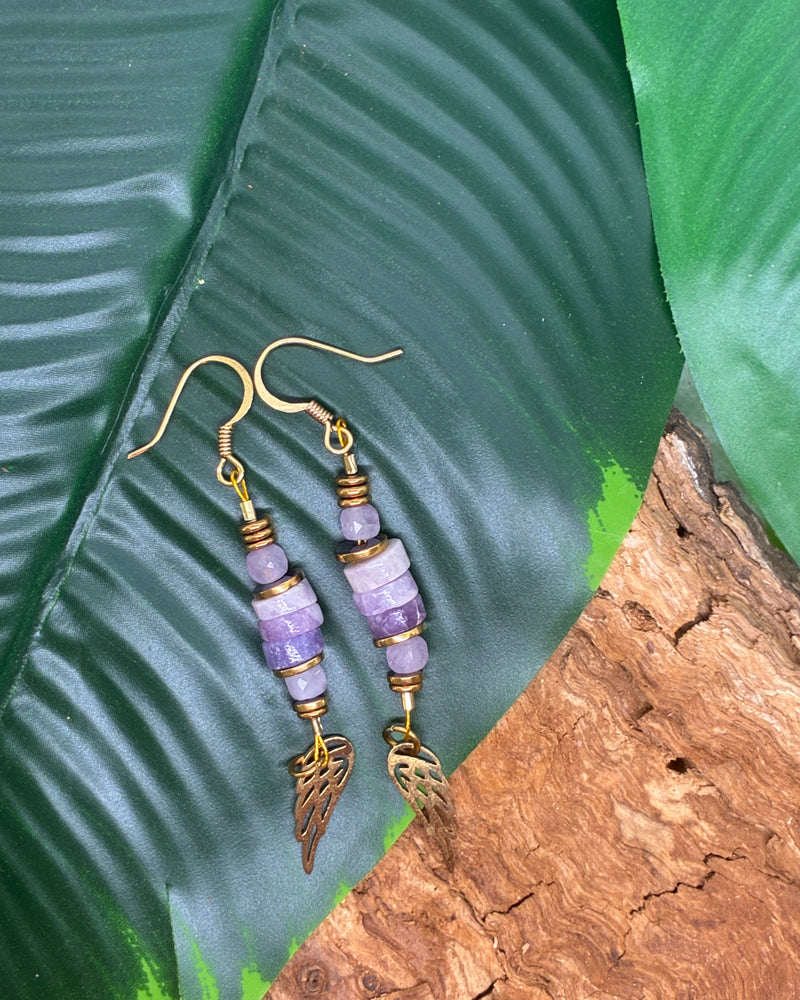 Boucles d'oreilles Lépidolite & Ailes Dorées