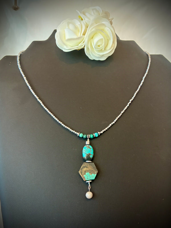 Collier Turquoise Brute & Hématite Argentée