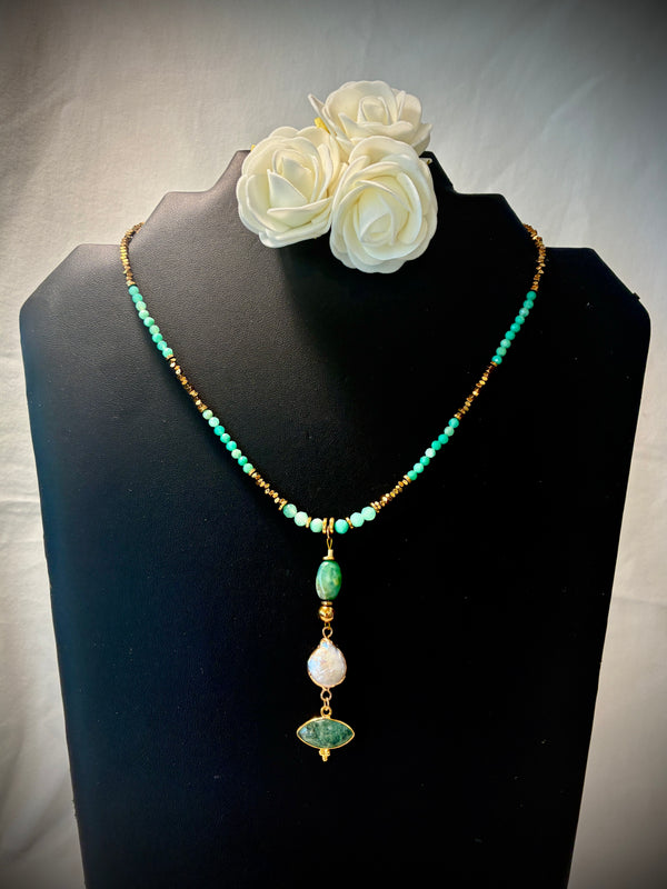 Collier Chrysoprase · Quartz Vert · Nacre & Hématite Dorée