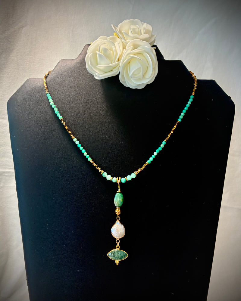 Collier Chrysoprase · Quartz Vert · Nacre & Hématite Dorée