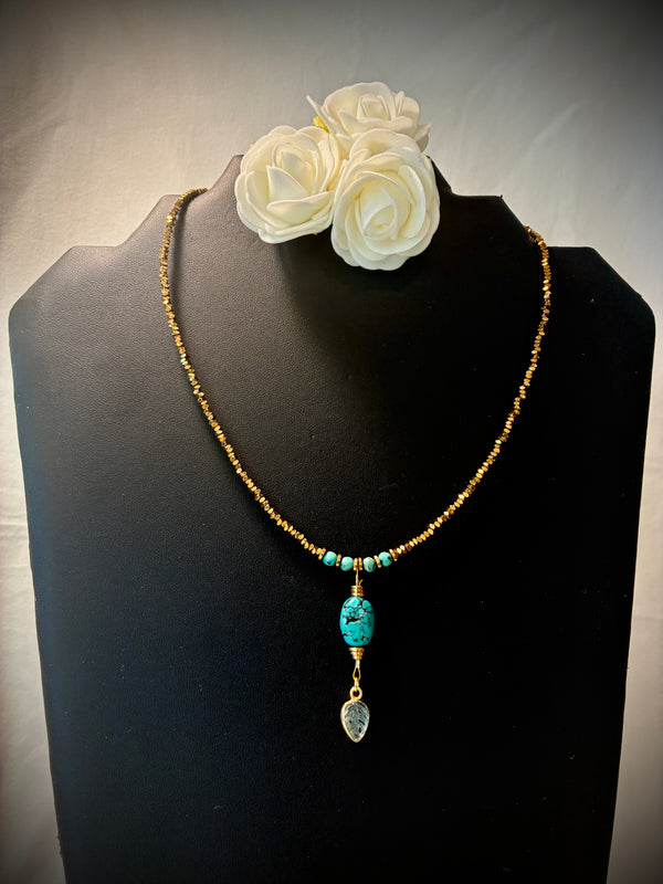 Collier Turquoise d'Arizona · Topaze Céleste & Hématite Doré