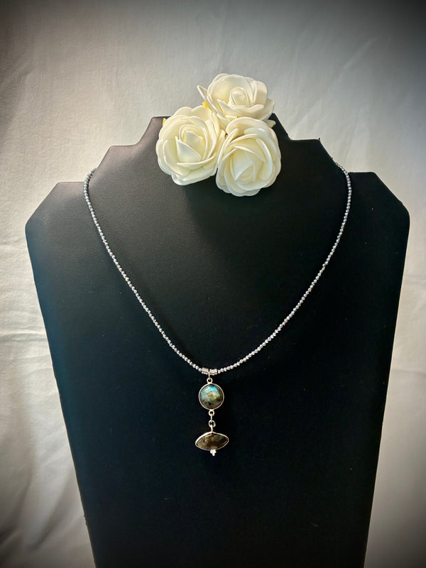 Collier Labradorite Double Pendentif & Hématite Argentée