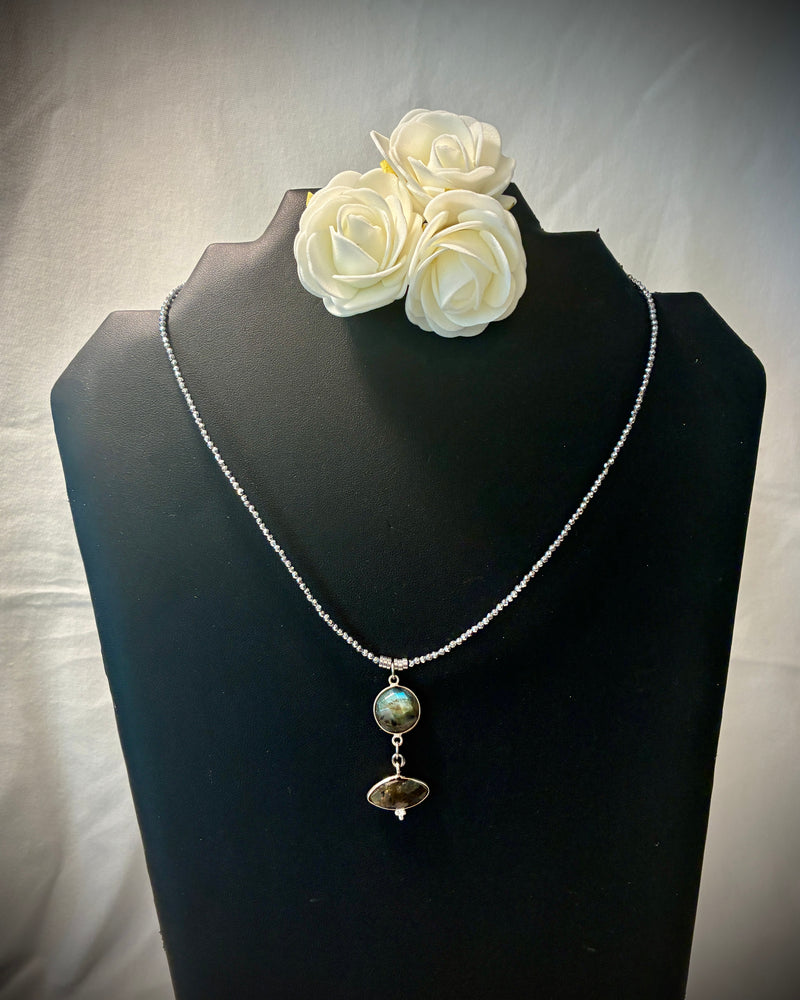 Collier Labradorite Double Pendentif & Hématite Argentée