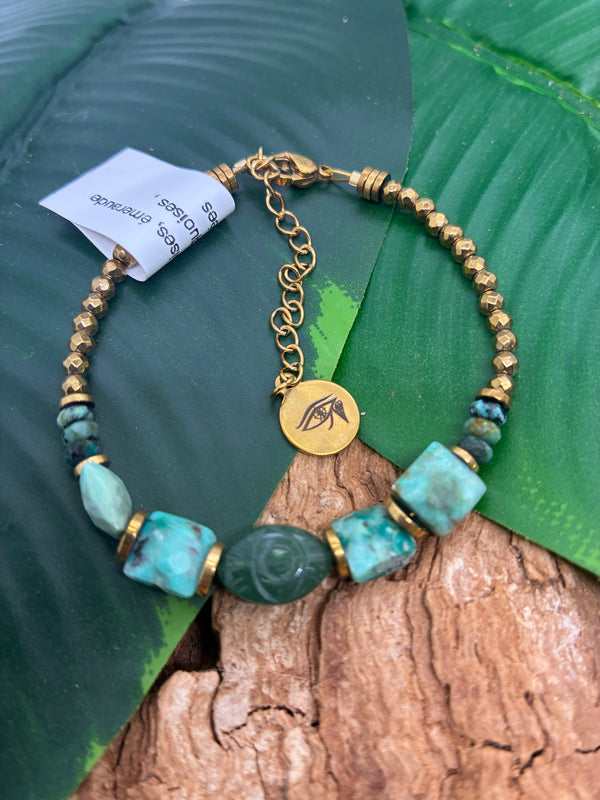Bracelet Émeraude · Turquoise du Pérou & Hématite Dorée