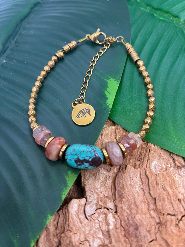 Bracelet Turquoise d'Arizona · Pierre de Soleil & Hématite Dorée