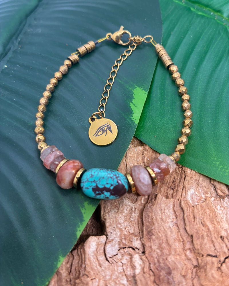 Bracelet Turquoise d'Arizona · Pierre de Soleil & Hématite Dorée