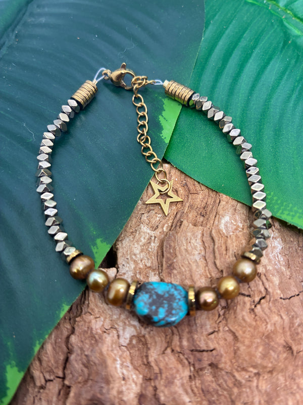 Bracelet Turquoise Brute · Perles de Tahiti & Étoile Dorée