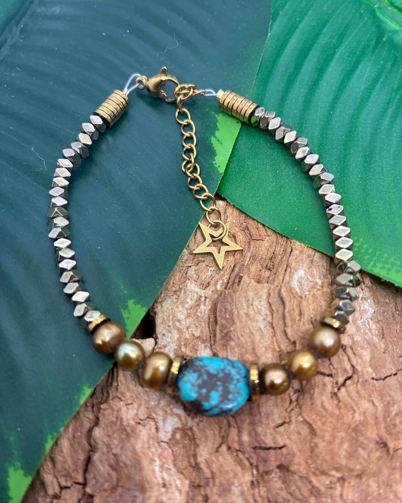 Bracelet Turquoise Brute · Perles de Tahiti & Étoile Dorée