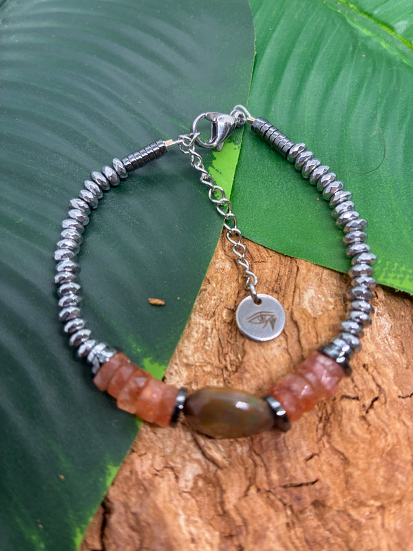 Bracelet Opale Noire, Pierre de Soleil & Hématite Argentée