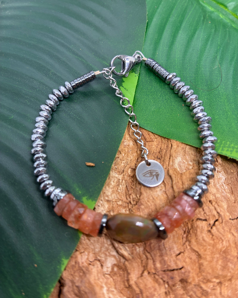 Bracelet Opale Noire, Pierre de Soleil & Hématite Argentée